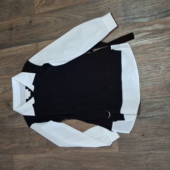 New 2 in 1 Solid Black Ribbed Knit Sweater Vest on White Button up Top. - Picture 3 of 8